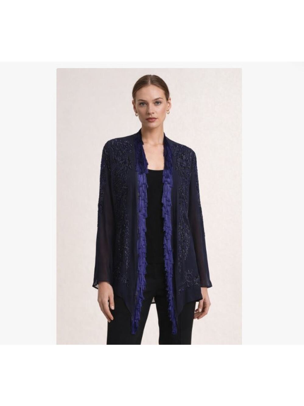 NEW Emilio Pucci Silk Beaded Tassel Open Front Cardigan Top Long Sleeve Sz 6